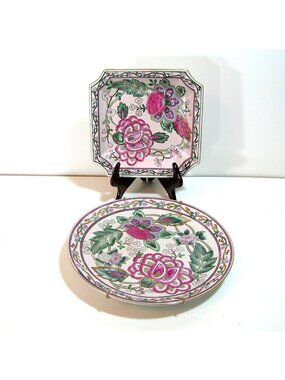 Oriental Floral Plates, Collection of Two, Traditional Decor